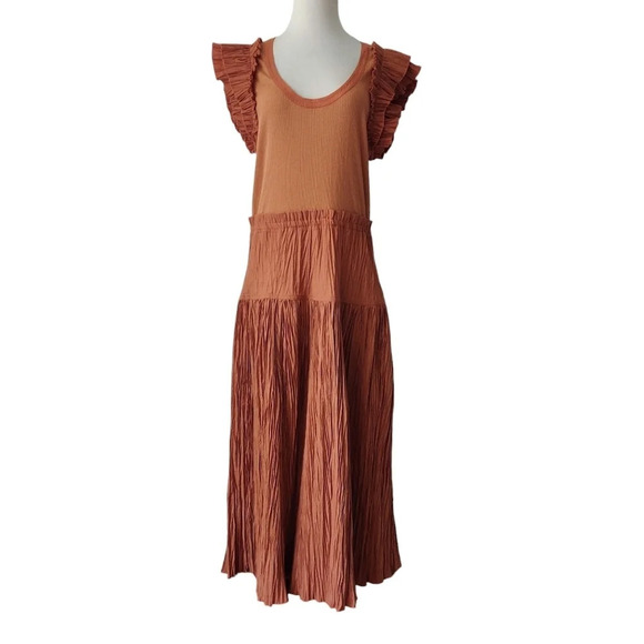 ULLA JOHNSON Virginia Midi Dress 16 Ruffle Tiered Rib-Knit Poplin Chestnut - Picture 1 of 16